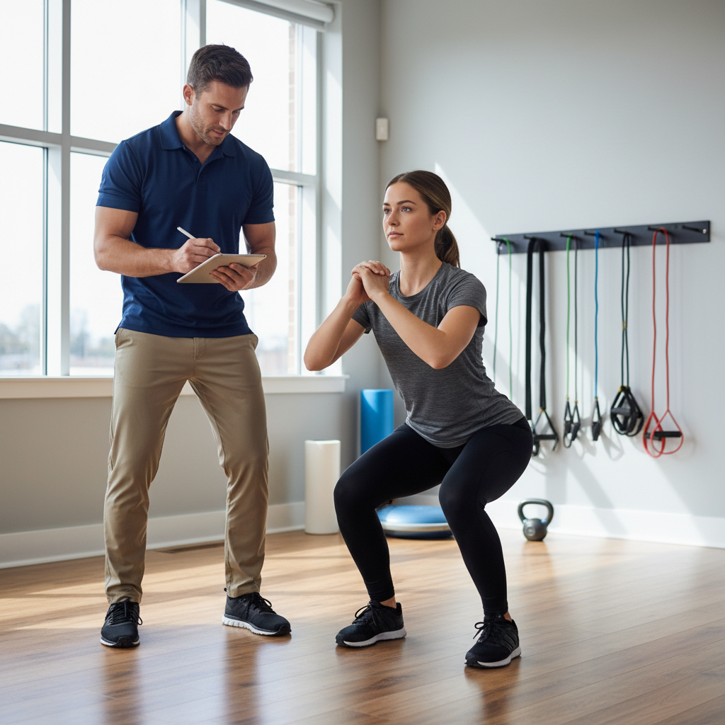 Physical therapist performing movement assessment with athlete during performance physical therapy session in Peachtree City