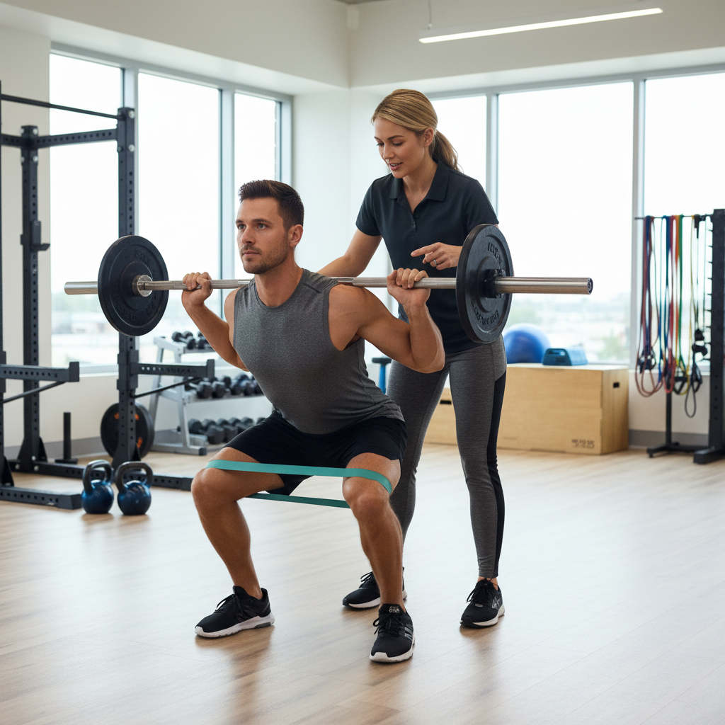 Athlete completing strength training exercise under supervision of physical therapist for sports performance in Peachtree City