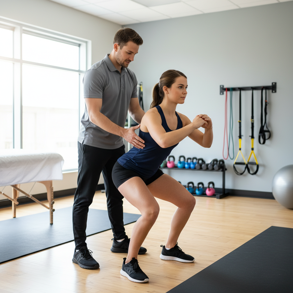 Physical therapist providing one-on-one sports rehabilitation care to athlete in Peachtree City clinic